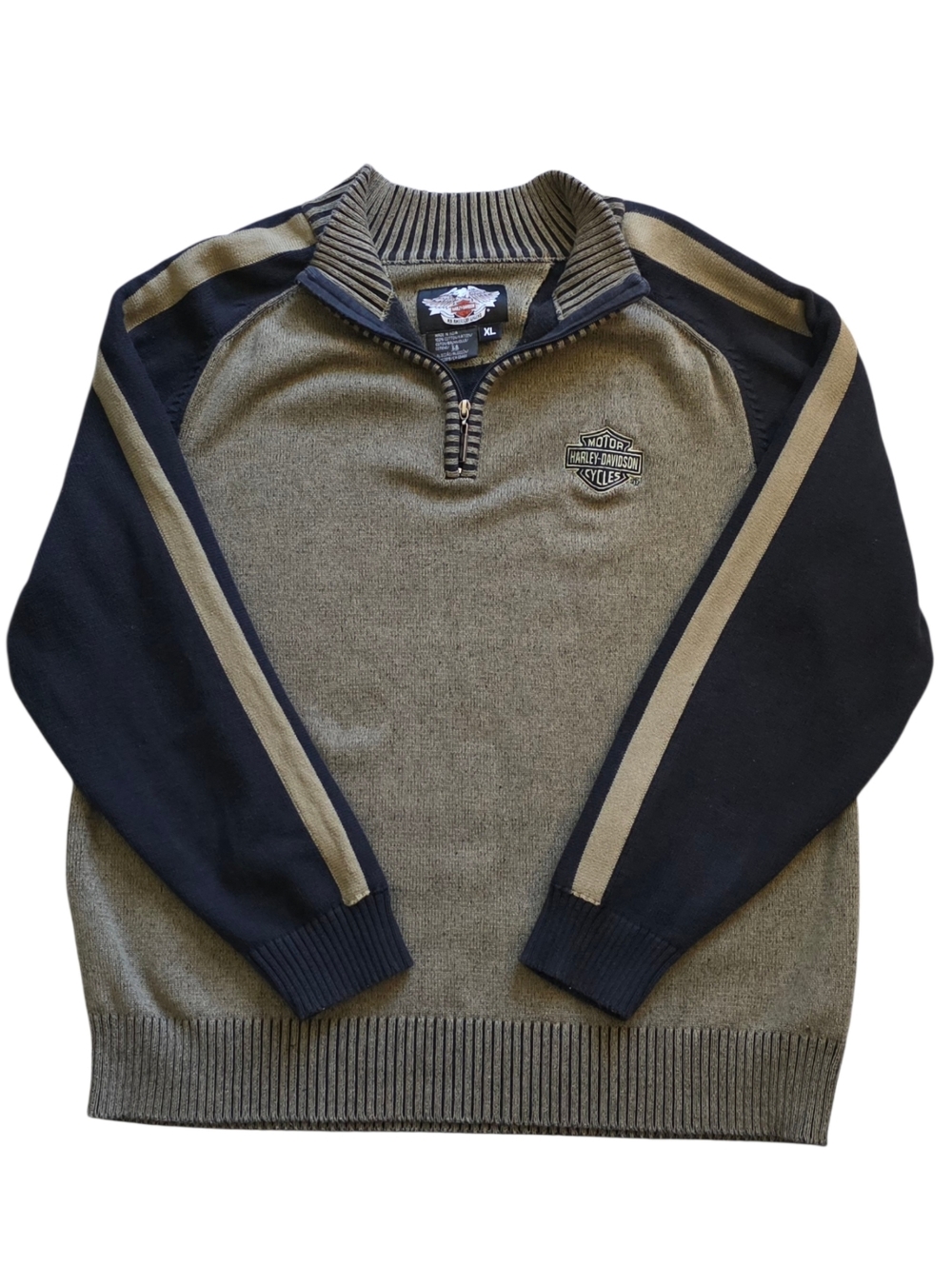 Harley Davidson XL Tan and Black Quarter Zip Motorcycle Sweater Extra Large